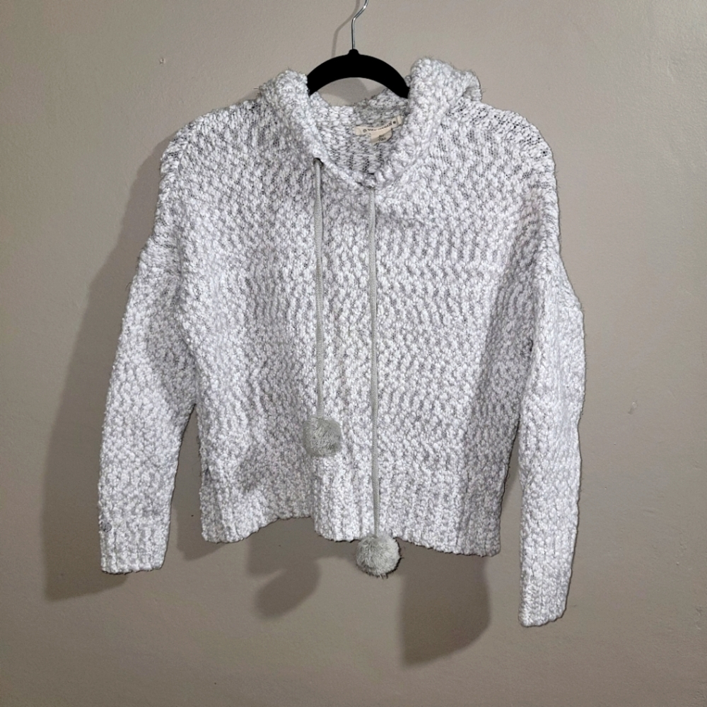 YET AGAIN White & Gray Soft Knit Hooded Pullover Pom Pom Sweatshirt - SIZE SMALL